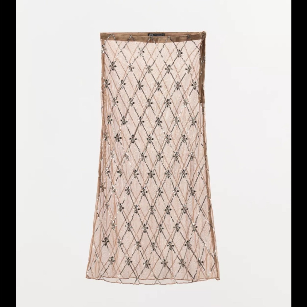 Zara Beige and Brown Embroidered Pencil Skirt